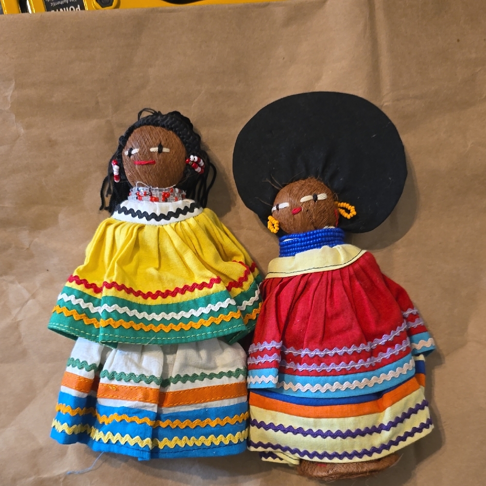 Yellow and Red Folk Art Dolls Set with Accessories
